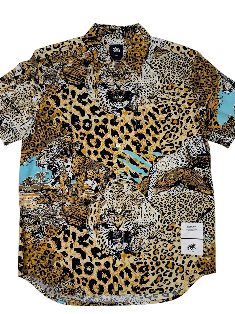 Stussy Wildlife Khaki Mens Button Down Leopard Safari AOP Shirt Size Small